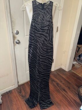bebe Black & Silver Zebra Sequin Halter Jumpsuit